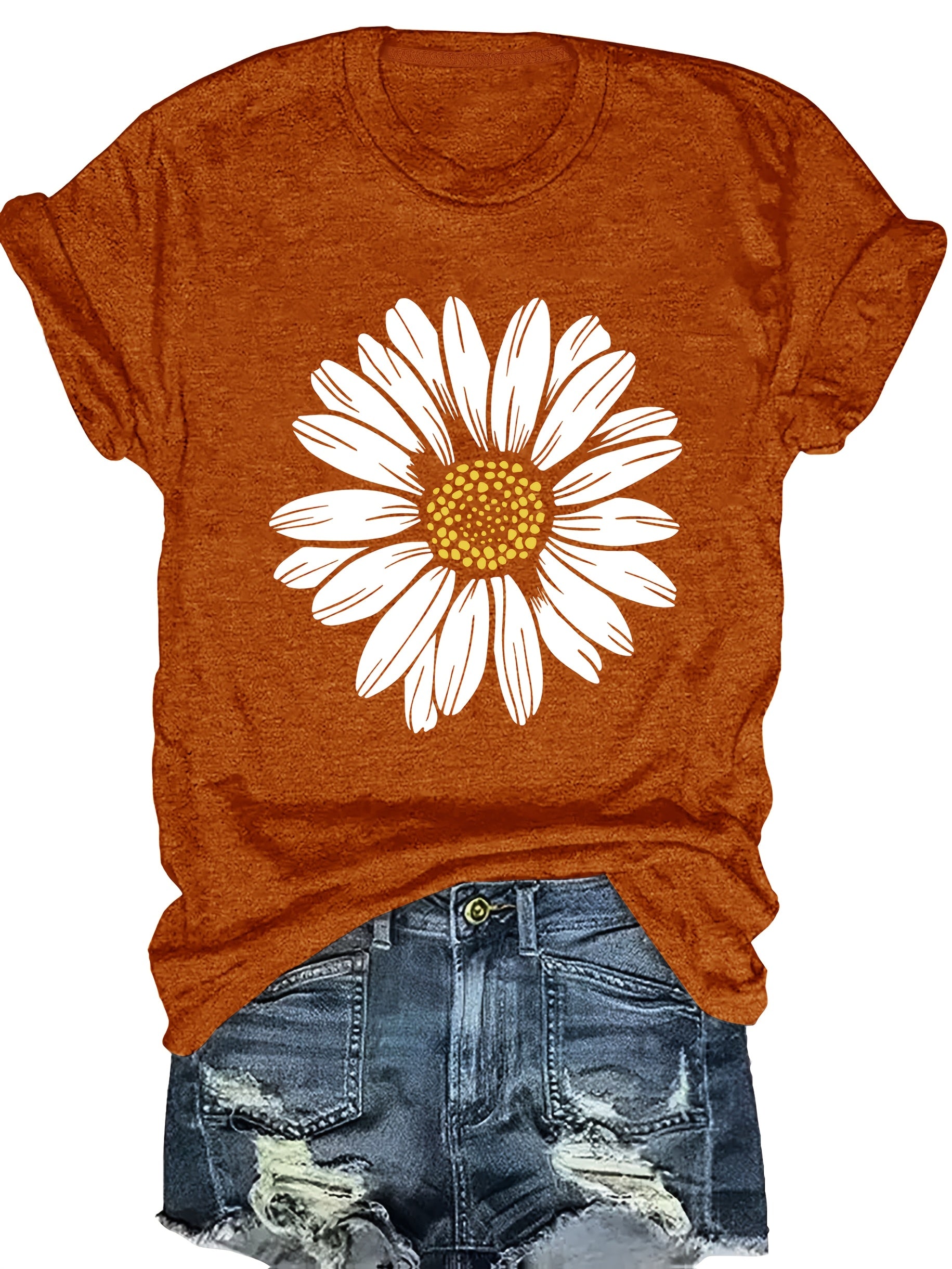 Women's Casual Daisy Flower Print T-Shirt - Soft Polyester Crew Neck Tee, Black with White Daisy Design, Short Sleeve, Perfect for Summer Outfits, Ladies T Shirts